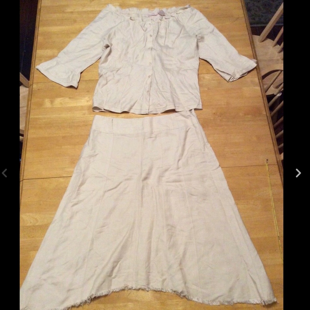 SHERRY TAYLOR Tan Nude SET Ramie Rayon TOP Shirt SKIRT Asymmetric hem size XL